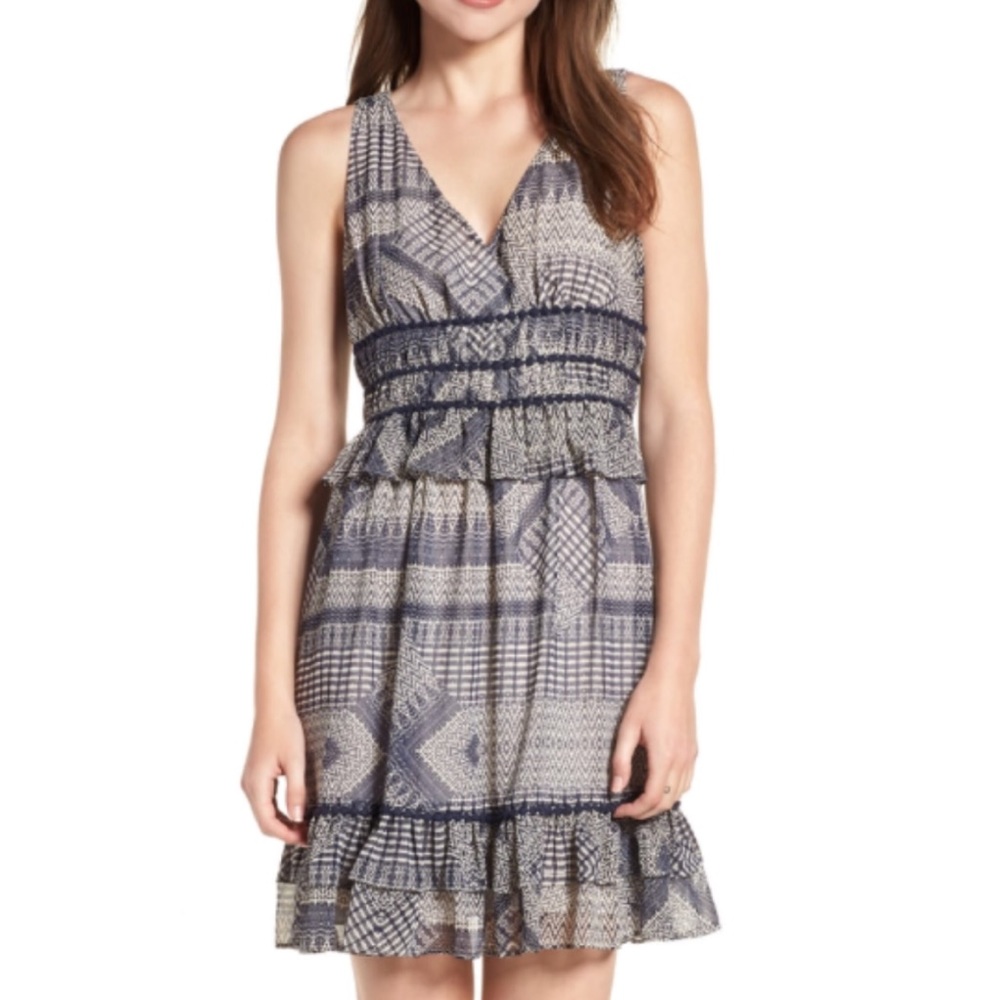 Rebecca Minkoff Navy Blue White Print Ruffle Midi Dress